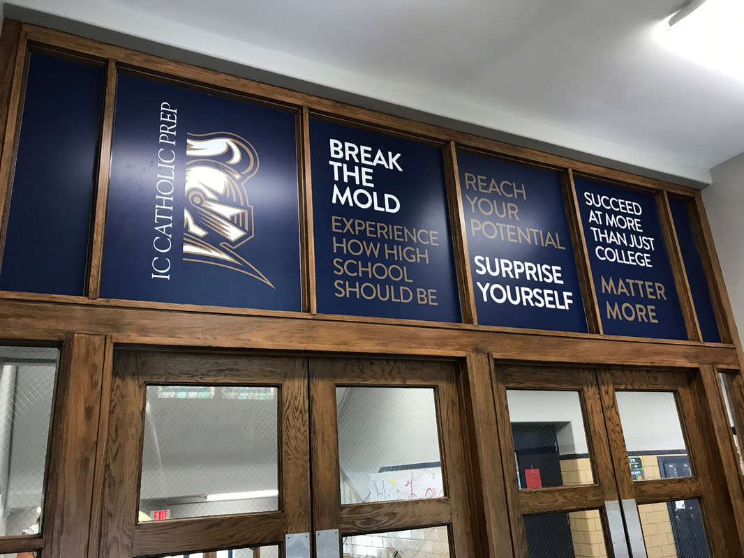School Branding, Vinyl Graphics, Window Perf, Perforated Vinyl, Translucent, Second Surface, Privacy film, Etch, Frosted, Opaque -  bannerville EDUCATION, 630-455-0304